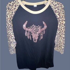 Leopard Print cow girl boho Shirt with Bull Skull Design.